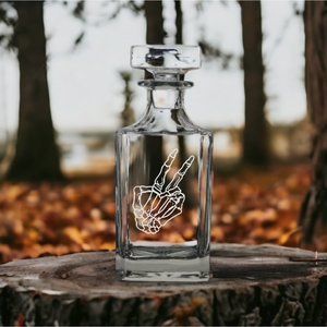 Skeleton Peace Sign Decanter 26 Oz Bourbon Whisky Glass Bones Customize NEW